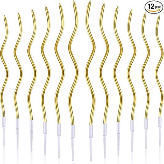 BBTO 12 Pcs Twisted Birthday Candles Spiral Metallic Cupcake Thin Long Cake Candles with Holders for Birthday Wedding Party(Gold)
