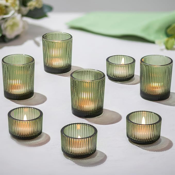 Hewory Glass Tealight Candle Holder: 8 Pcs Dark Green Votive Tea Lights Candle Holder, Ribbed Tea Light Holders Fall Decorations for Thanksgiving Table Centerpiece Wedding Party Home Decor