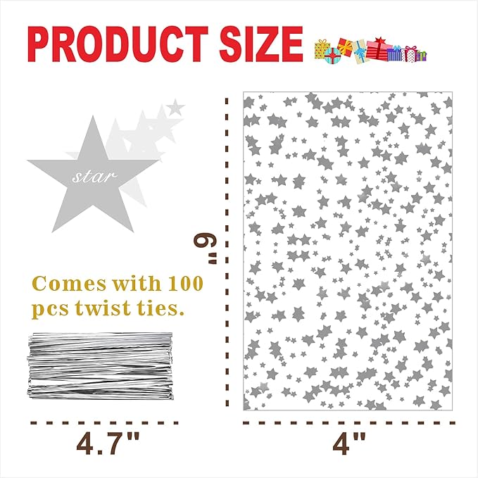 100Pcs 4x6 Inch Clear Cellophane Treat Bags with 100 Silver Twist Ties, Silver Star Printed Heat Sealable Candy Bags for Cookies, Bakery, Party Favors, Holiday & Classroom Gifts