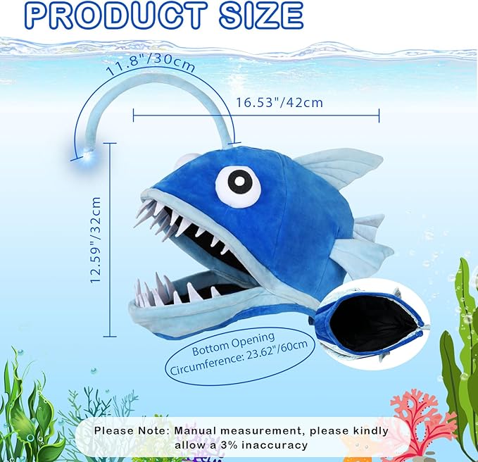 Fish Costume Hat for Adult and Kid, Angler Fish Light up Costume Hat for Halloween/Themed Parties/Cosplay Events