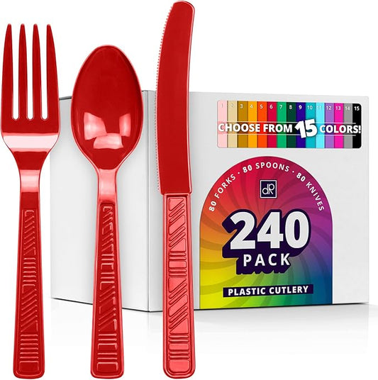 DecorRack Plastic Cutlery Set, Red Colored Plastic Silverware Sets for Parties, 240 Piece Bulk Heavy Duty Utensils (Red, 240 Pieces)