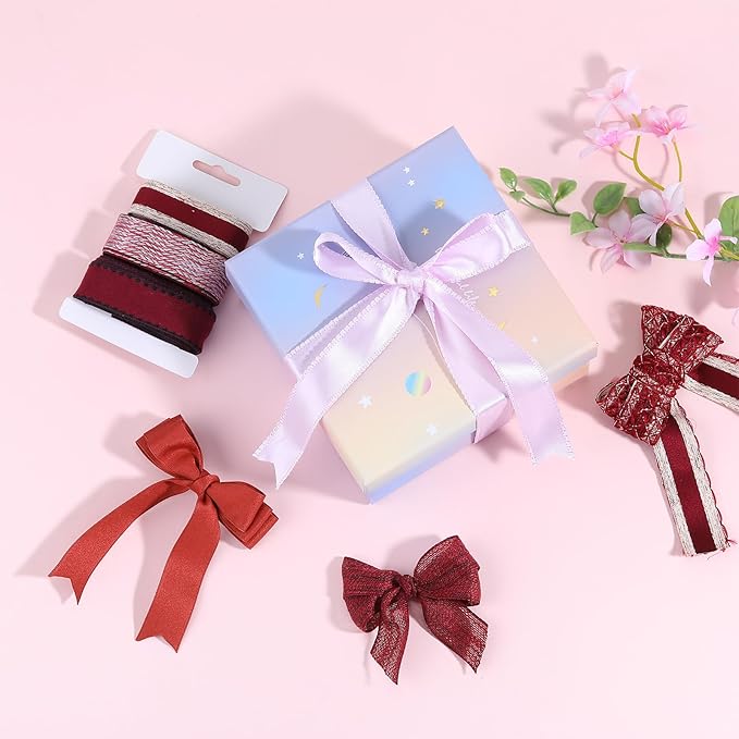 BEEFLYING 3 Styles 9 Yard Dark Red Wire Edged Ribbons Wrapping Decoration 25~28mm×2.7m Organza Ribbon Satin Ribbon for Wedding Party Deco Hair Bows Flower Designs Sewing and Craft