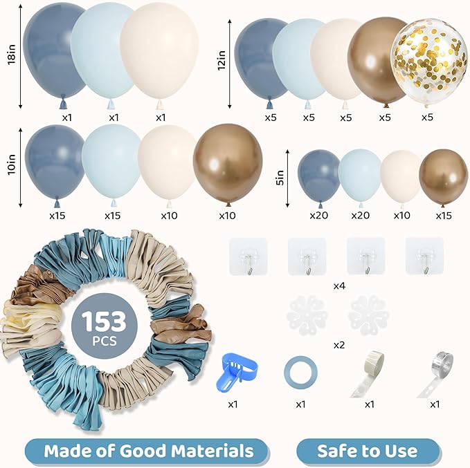 Amandir 153pcs Dusty Blue Balloon Garland Arch Kit, Different Sizes 18 12 10 5 inch Blue White Sand Latex Metallic Confetti Gold Balloons Baptism Birthday Boho Baby Shower Party Decoration Supplies