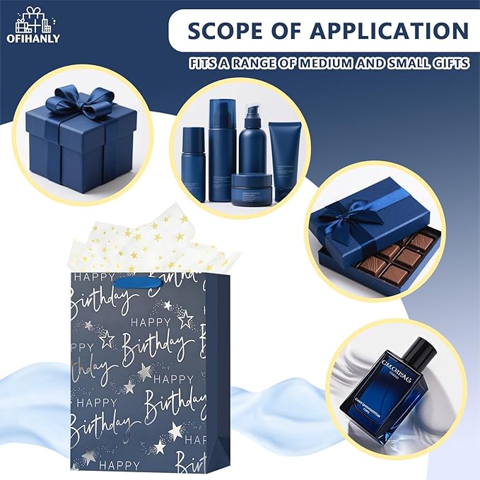 OFIHANLY 12.6" Medium Happy Birthday Gift Bag with Handles for Men Paper Gift Wrap Bags for Him Boys Kids Baby Navy Blue Bags with Tissue Paper,1Pcs