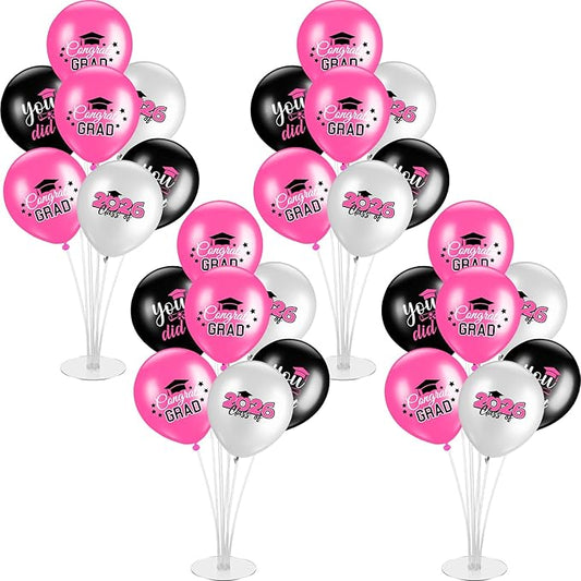 4 Set Graduation Party Balloon Stand Kits for Table Centerpieces Balloon Tables Holders with Congrats 2026 Graduation Party Decorations for School College Photo Props(Pink)