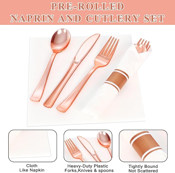 100 Pack Pre Rolled Rose Gold Plastic Silverware Set,Wrapped Plastic Cutlery Set with Napkin Include 100 Forks,100 Spoons,100 Knives and 100 White Napkins for Party, Wedding,showers