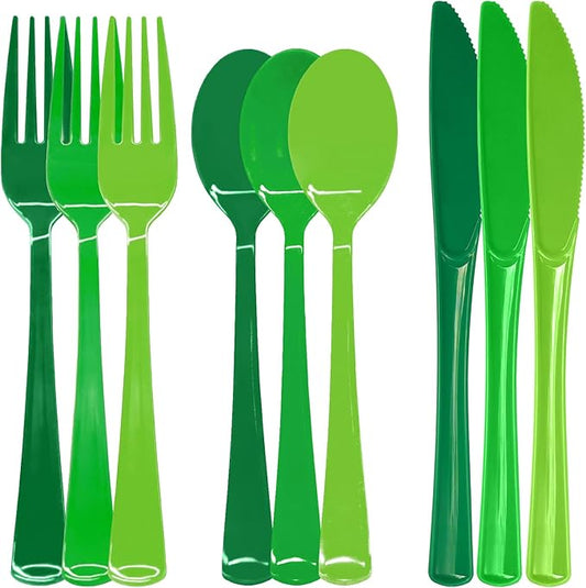 180 PCS Gradient Green Plastic Silverware Heavy Duty Green Cutlery Disposable Set Include 60 Forks, 60 Knives, 60 Spoons for Birthday, Graduation Party, Christmas, St. Patrick's Day