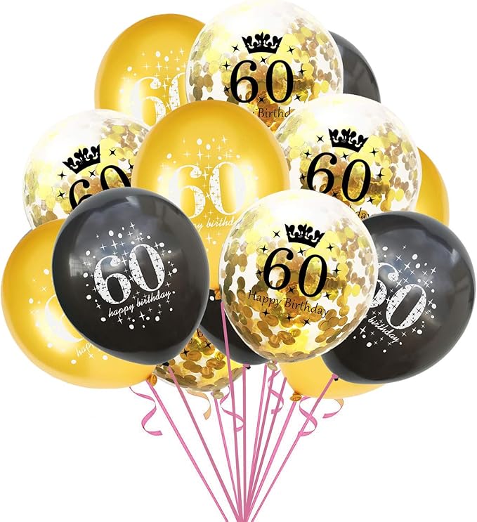 SHUNTAI 60th Birthday Balloons Black and Gold 60th Birthday Decorations for Men Women Latex Confetti Balloon 60 Years Old Anniversary Theme Happy Birthday Party Supplies 15 Pack 12 Inch