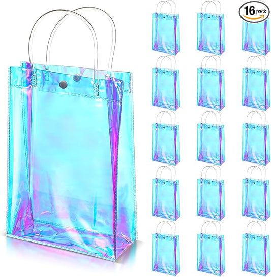 Sherr 16 Pcs Holographic Small Gift Bag Reusable Iridescent Clear Bags for Women PVC Plastic Goodie Holder with Handles for Shopping Christmas Holiday Gift Party Favor(10.24" x 3.15" x 7.09",Rainbow)