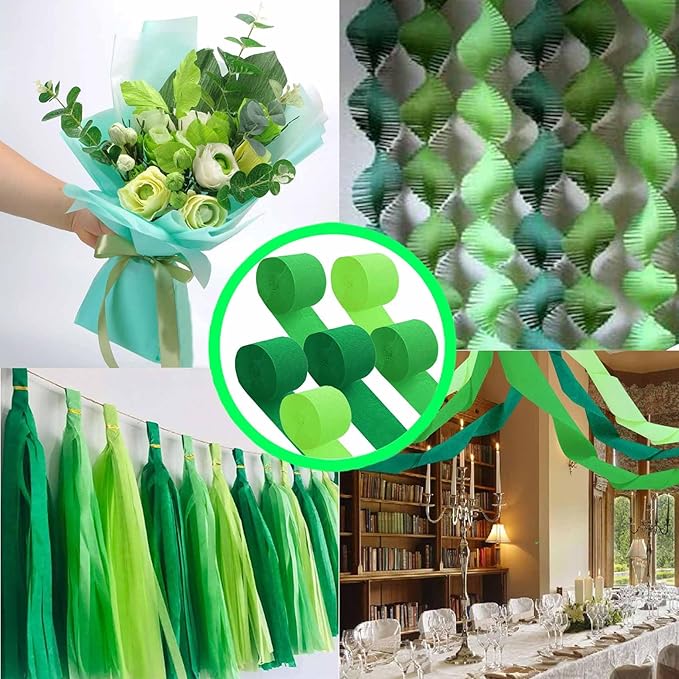 Green Crepe Paper 6 Pcs Streamers for Party Decorations, Birthday Wedding DIY Crafts, Gift Wrapping Supplies