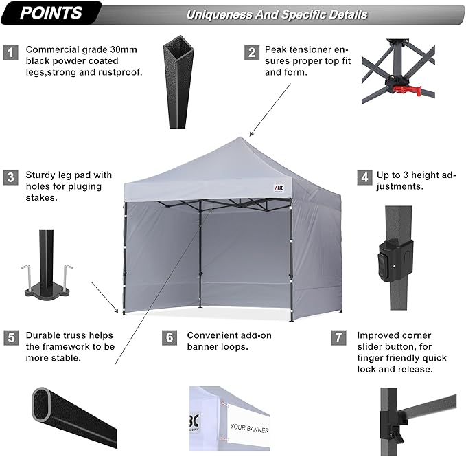 ABCCANOPY Heavy Duty Easy Pop up Canopy Tent with Sidewalls 10x10, Gray