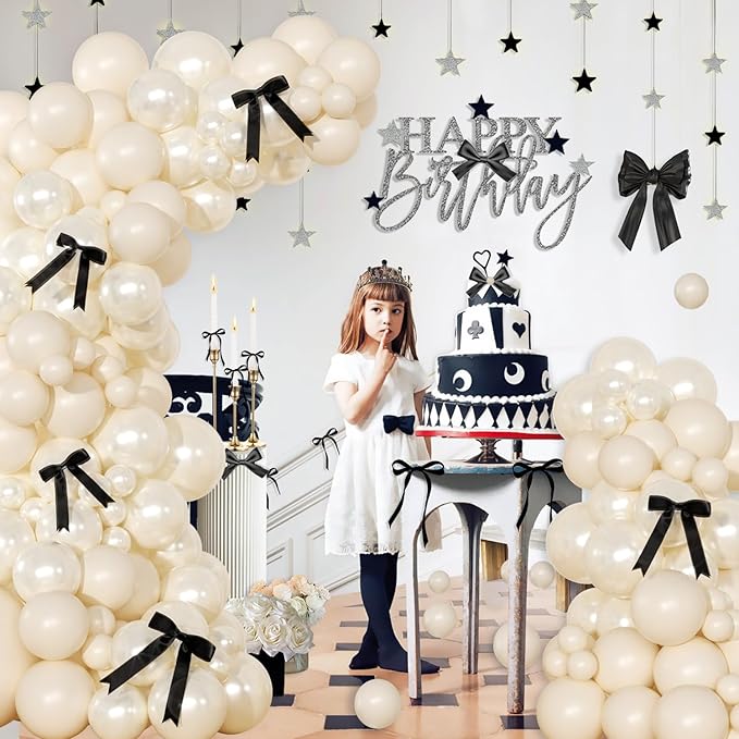 White Sand Balloon Arch Kit 141 Pcs Cream Beige Balloons Garland Arch Kit with Black Bow for Coquette Birthday Wedding Baby Shower Bridal Shower Decorations