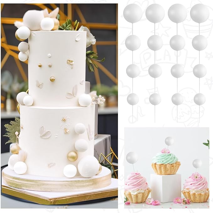 138 Pcs White Balls Cake Topper Decorations Balloon Cupcake Toppers Foam Multisize Cake Topper Balls for Birthday Party Wedding Anniversary