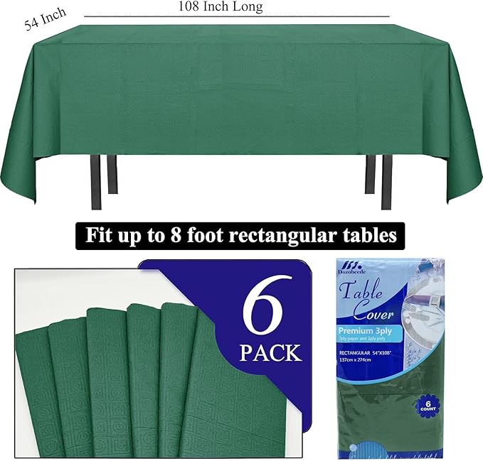 [6 Pack] Dark Green Paper Tablecloth Disposable for Rectangle Tables, 54 X 108 Inch Party Table Cover with Plastic Backing, Waterproof 3 Ply Table Cloth for Christmas Parties St. Patrick's Day
