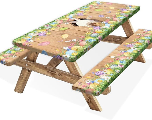 Easter Picnic Table Cover with Bench Covers, Cute Bunny Flower Brown Wooden Board Camping Tablecloth, Waterproof Windproof, Fitted Tablecloth Cover with Elastic Edge, for Outdoor, 3 PCS, 30x96 Inch