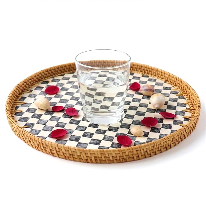 13.8” Round Rattan Tray with Mother of Pearl Inlay, Handwoven Wicker Coffee Table Serving Basket Tray for Fruit Snack Party Picnic Cafe Bedroom Kitchen Home Decor 1 Pcs (Chessboard)
