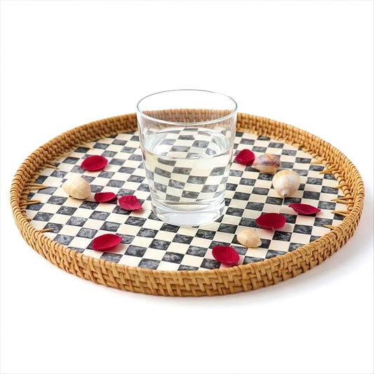13.8” Round Rattan Tray with Mother of Pearl Inlay, Handwoven Wicker Coffee Table Serving Basket Tray for Fruit Snack Party Picnic Cafe Bedroom Kitchen Home Decor 1 Pcs (Chessboard)