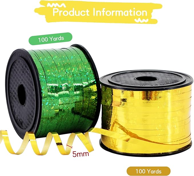 BEISHIDA 2 Pack 100 Yards Green Gold Curling Crimped Glitter Ribbon Balloon String Shiny Metallic for Gift Wrapping Ribbon 2026 Graduation Wedding Baby Shower Birthday Party Decoration