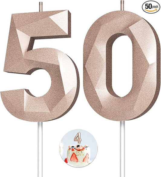 Number Birthday Candles(50 Candle Rose Gold) 3D Diamond Shape Number Happy Birthday Cake Candles for Birthday Party Wedding Decoration Reunions Theme Party