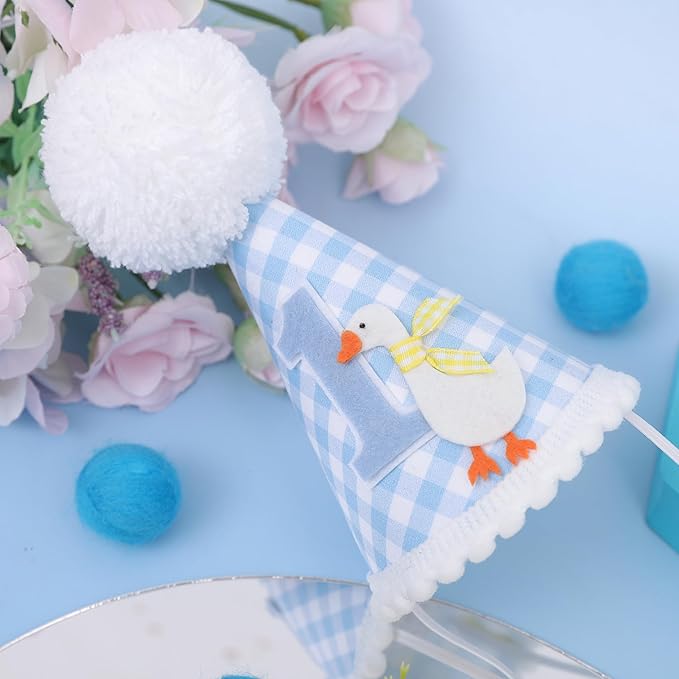 One Funny Goose Birthday Hat - Goose 1st Birthday Decorations, Blue Gingham 1st Bday Party Hat for Boys, One Goosie First Bday Crown