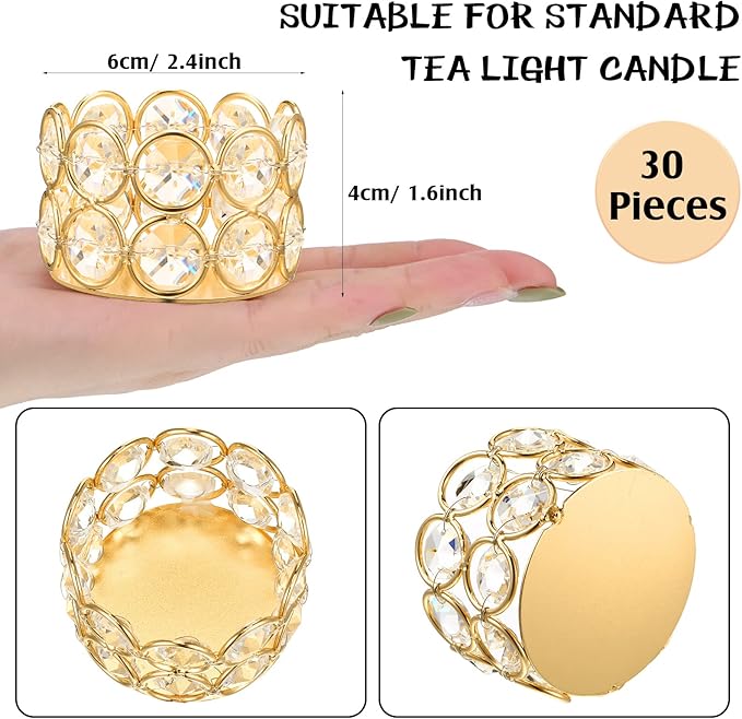 Potchen 30 Pieces Crystal Tealight Candle Holders Bulk, Votive Candle Holder Stands with Diamond Design for Table Centerpieces Wedding Party Home Decor and Holiday Favors (Gold)