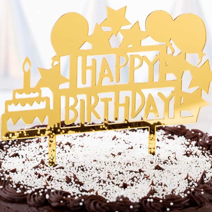 Restaurantware Top Cake 5.8 x 5.3 Inch Happy Birthday Cake Topper 1 Mirrored Birthday Cake Decoration - With Stars Balloons And Cake Durable Gold Acrylic Birthday Topper For Cakes