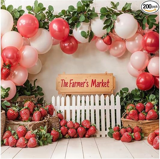 Kate 8x8ft Red Strawberry Backdrops for Photography Farmer's Market Background Colorful Balloons Sweet Birthday Party Studio Backdrop