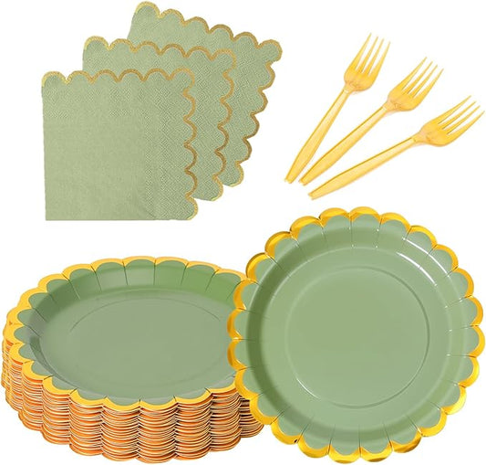Sage green & gold scalloped party plates with napkins and fork gold foil border, 24 Guest green disposable Tableware Set Party Decoration for Birthday Coquette Bridal Baby Shower Valentines