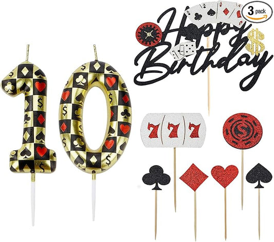Casino Birthday Number Candles for Cake, Glitter Casino Birthday Cake Topper for Casino Themed Birthday Party Decoration, Poker Birthday Candles (Number 10)