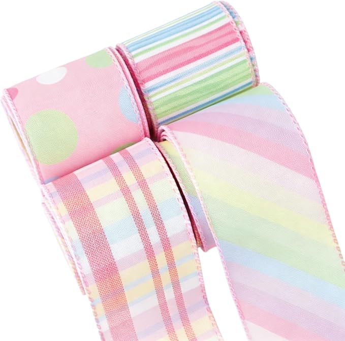 Meseey 4 Rolls Pastel Wired Ribbon, 2.5 Inch x 5 Yards Polka Dot/Plaid/Striped Ribbons for Easter Wreaths, Gift Wrapping,Baskets, Crafts, Spring Party Decorations
