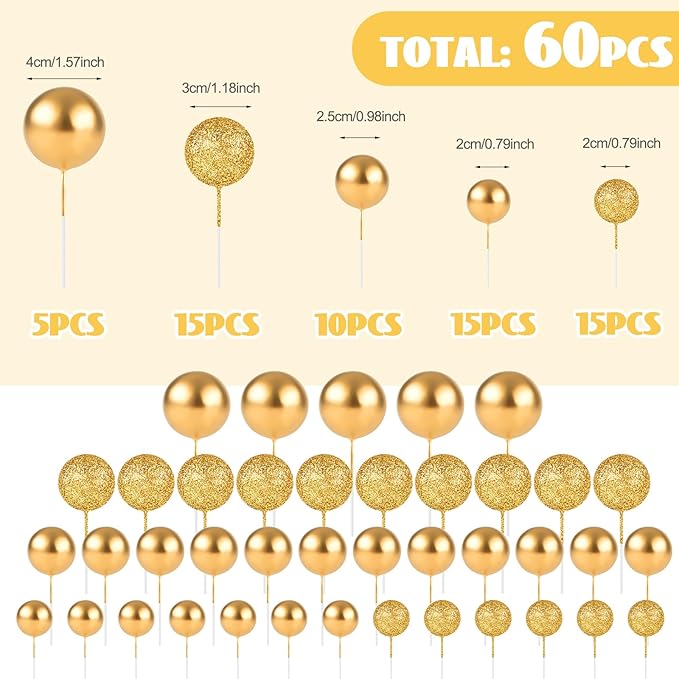 60Pcs Glitter Cake Balls Decorations Foam Cake Topper Balls Mini Balloon Cupcake Toppers for Cake Decorating Birthday Baby Shower Party (Glitter Gold)