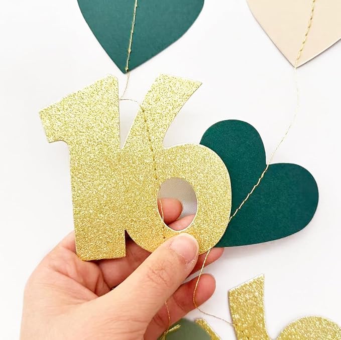 Sage Green Gold 16th Birthday Decorations Sage Green Gold Heart Garland Streamer Banner Backdrop for Girls Happy 16th Birthday Sweet 16 Decorations Cheers to 16 Years Old Anniversary Party Supplies