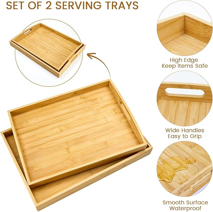 GOLD HONEY Bamboo Serving Tray with Handles Set of 2 - Decorative Wooden Tray for Living Room, Bathroom, Suitable for Used in Bedroom, Kitchen, Coffee Table, Outdoor and Storing - 17x13in, 16x12in