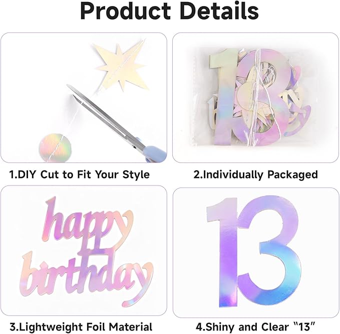 GCQQ 13th Birthday Hanging Decorations - 4 Packs Iridescent Happy 13th Birthday Banner 13 Year Old Circle Dot Twinkle Star Garland 46FT Thirteen Metallic Streamer Backdrop for Girl Boy Birth Day Party