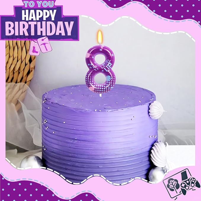 STG Birthday Candles for Boys - Number 8 Candle for Video Game Birthday Cake Topper, Fort Battle Level Up Sandbox Games Birthday Party Supplies (Purple)
