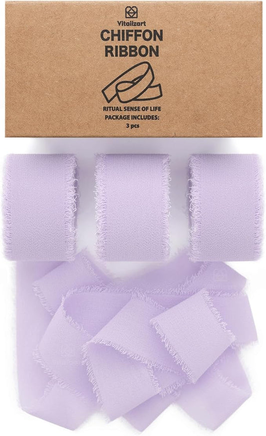 Vitalizart Lavender Purple Chiffon Silk Ribbon 1" x 21 Yd Fringe Fabric Package (3 Rolls * 7 Yd) for Wedding Invitations Bridal Bouquets Decorations Gifts Wrapping & Bow Making Lilac