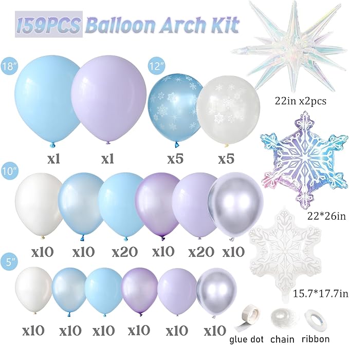 Ice Snow Birthday Party Decorations, 159 PCS Snowflake Balloon Garland Arch Kit,Blue Purple Iridescent Exploding Star Foil Balloon for Princess Winter Wonderland Birthday Christmas Party Decor