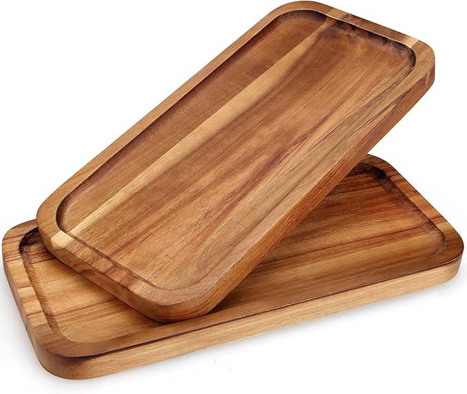 2 Pcs Rectangular Serving Platters for Food Dish Party Wooden Charcuterie Boards 14" x 7" Acacia Wood Trays for Kitchen Counter Decor Rectangle Dessert Plates Cheese Board Snack Appetizer Platter
