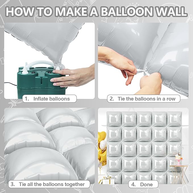 NISOCY 25PCS Gray Square Foil Balloons Wall Backdrop Double Sided Light Grey Balloon Arch Kit for Birthday Baby Shower Graduation Anniversary Retirement Gender Reveal Party Decoration