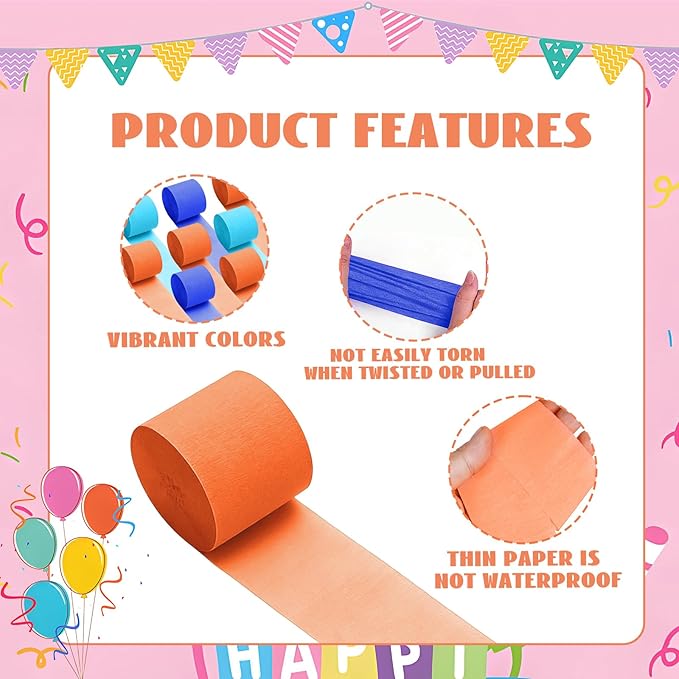 Blue and Orange Crepe Paper Streamers 8 Rolls 32ft, Blue Orange Dog Paw Party Supplies Birthday Baby Shower Decorations