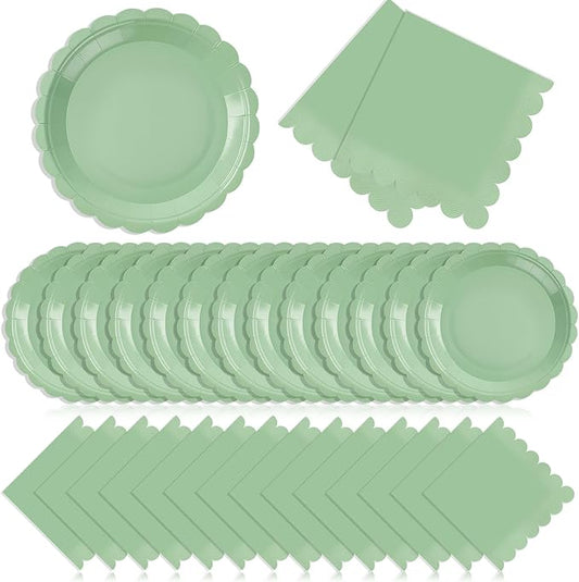 120 Pcs Sage Green Paper Plates and Napkins Party Supplies Bulk Disposable 7 Inch Scalloped Plates Cocktail Napkins for Wedding Bridal Baby Shower Birthday Decorations, Serve 60 Guests