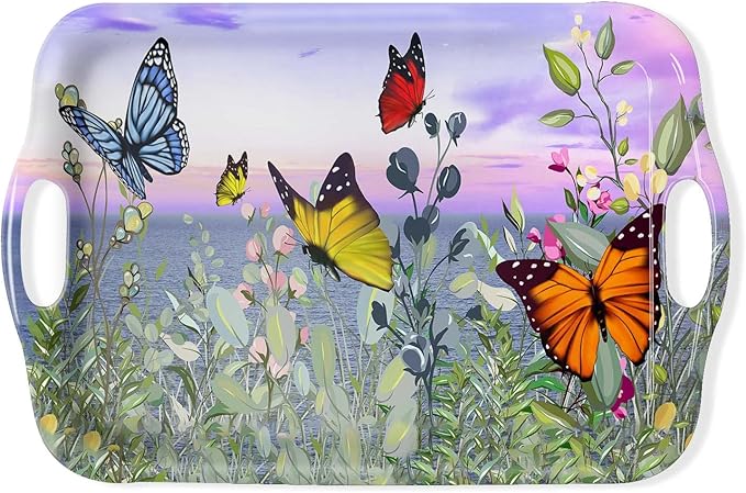 Serving Tray Decorative Tray with Handles Multi-Purpose Rectangular Serving Trays for Restaurant, Parties, Coffee Table, Kitchen - Butterfly Flying Flower