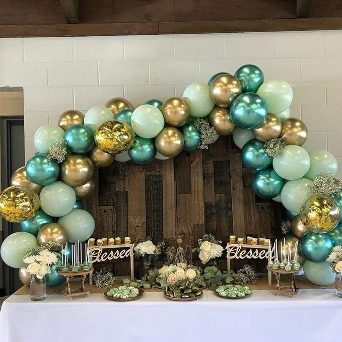 Green Gold Balloons Set, 60PCS Dark Green White Gold Balloons, 12Inch Metallic Green Gold Latex Balloons Gold Confetti Balloons Helium for Jungle Safari Birthday Wedding Baby Shower Party Decoration