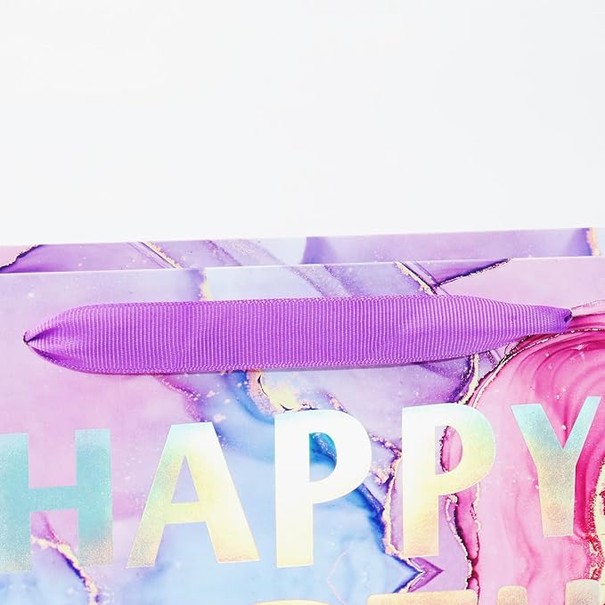 PARNOG 13" Large Happy Birthday Gift Bag with Tissue Paper and Card for Girls Kids Women Birthday（2PCS）