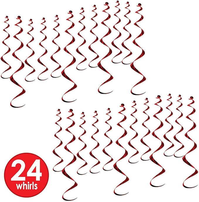 Beistle Burgundy Metallic Whirls – 24 Pack Hanging Spiral Decorations in Maroon for Ceiling Displays, Birthday Party Rooms, Graduations, Sporting Events, Team Spirit and School Pride, 13.5" & 25"