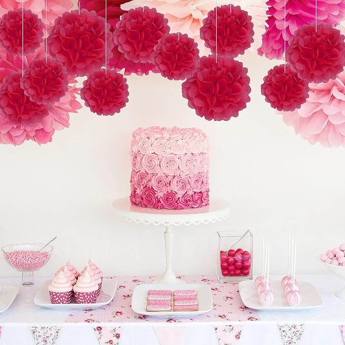 20 PCS Red Tissue Paper Pom Poms, Tissue Pom Poms Flowers, Sizes of 6", 10", 12", 14" Hanging Paper Flower Ball for Wedding, Birthday, Baby Shower Party Decor