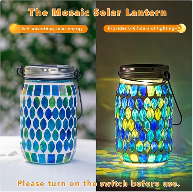Starsoul 4 Pack Solar Lanterns Outdoor Waterproof, Decorative Teal Mosaic Glass Outdoor Lantern, Hanging Solar Garden Lights for Outside Pathway Patio Porch Yard Table, Gifts for Women Mom Grandma