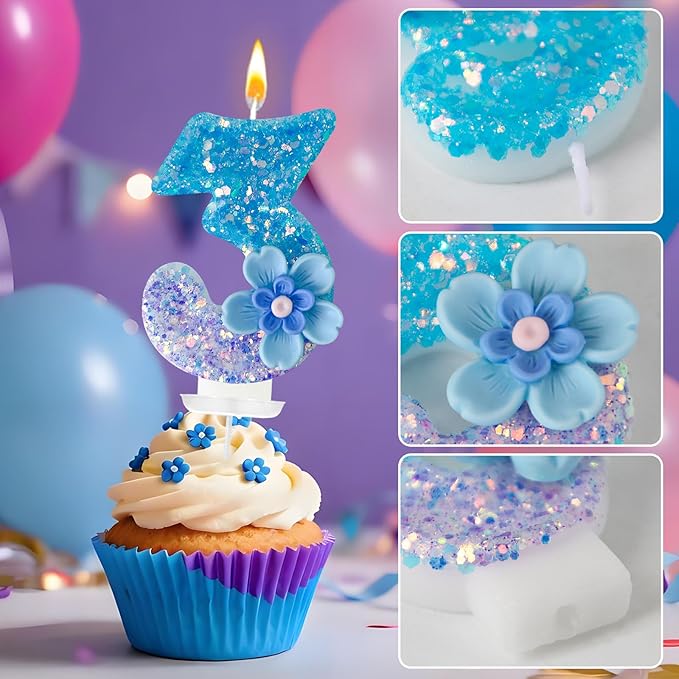 Blue Purple Flower Birthday Number Candles, Flower Theme Party Decorations, Cupcake Decorations, Suitable for Party Celebrations, Boys and Girls Birthday Decorations（3）