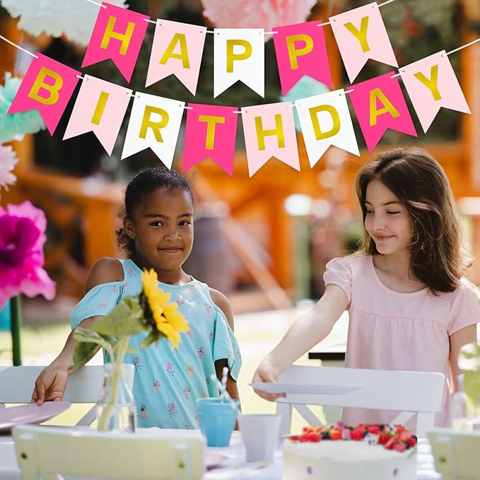 Pre-Strung Pink Happy Birthday Banner Sign, Pink Happy Birthday Party Decorations for Women Girls