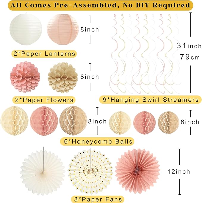 Boho Pink Happy Birthday Decorations for Women Girls, Pre-Strung Happy Birthday Banner with Honeycomb Balls, Paper Flowers, Lanterns, Fans, Hanging Swirls, Circle Dots Garland for Party 24pcs